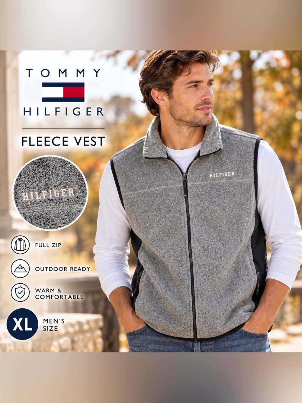 Tommy Hilfiger Menβs XL Fleece Vest Gray Black Full Zip Outdoor Layering Golf
